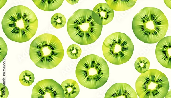 Fototapeta Seamless pattern of watercolor-style kiwi slices on a cream background, representing refreshing fruit, vibrant green colors, and a healthy lifestyle.. Generative AI
