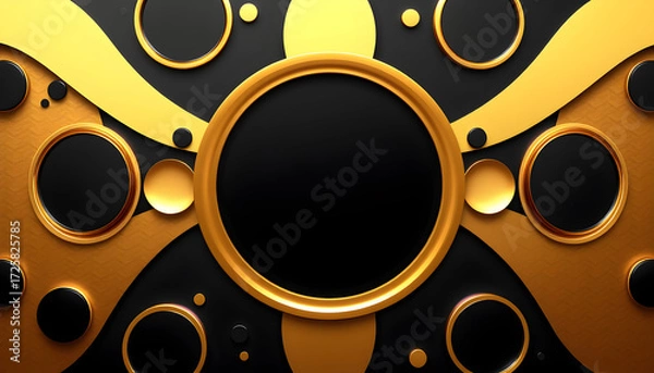 Fototapeta Set of gold, rose gold, black frame design. Abstract 3D circle backdrop for cosmetic product. Collection of luxury geometric background with copy space. Top view.. Generative AI