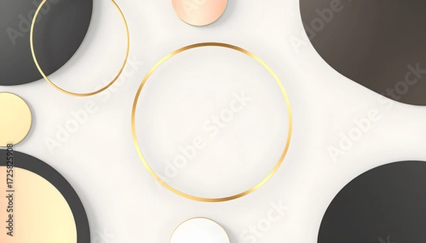 Fototapeta Set of gold, rose gold, black frame design. Abstract 3D circle backdrop for cosmetic product. Collection of luxury geometric background with copy space. Top view.. Generative AI