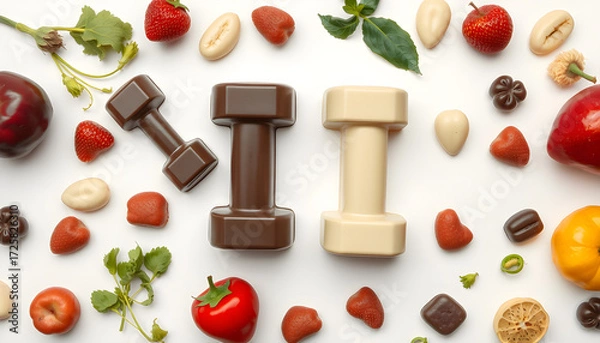 Fototapeta In the form of chocolate on the theme of a healthy lifestyle. Dumbbells, vegetables and fruits. Generative AI
