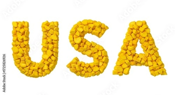 Fototapeta USA in Yellow Cubes - The letters USA formed from small, yellow, cube-shaped objects against a white background