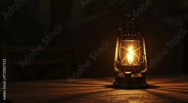 Fototapeta Vintage Lantern Glow in the Dark - A warm, nostalgic symbolizing hope, guidance, adventure, remembrance, and quiet contemplation. The dim setting emphasizes the lantern's comforting light