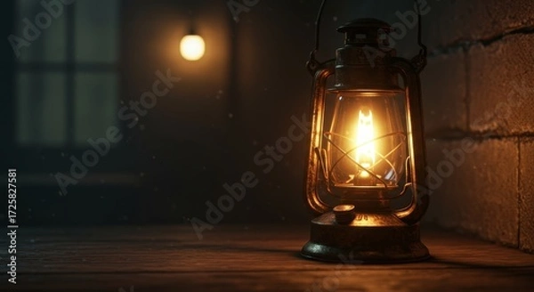 Fototapeta Vintage Lantern Warm Glow in Dim Setting - A rustic oil lantern casts a warm, inviting glow in a dimly lit space, symbolizing nostalgia, hope, guidance, mystery, and resilience.