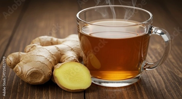 Fototapeta Warm Ginger Tea and Root on Wood - Steaming cup of ginger tea, fresh ginger root, and sliced ginger. Symbolizes warmth, health, natural remedy, comfort, and vitality