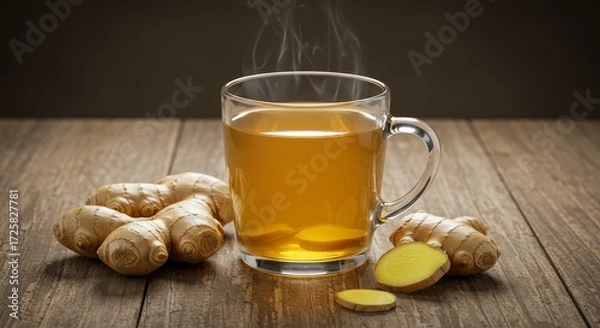 Fototapeta Warm Ginger Tea and Root on Wood - Steaming cup of ginger tea, fresh ginger root, warmth, health, wellbeing. A comforting and healthy beverage