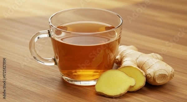 Fototapeta Warm Ginger Tea in Glass Mug - A clear glass mug of warm ginger tea sits on a wooden surface next to fresh ginger root slices