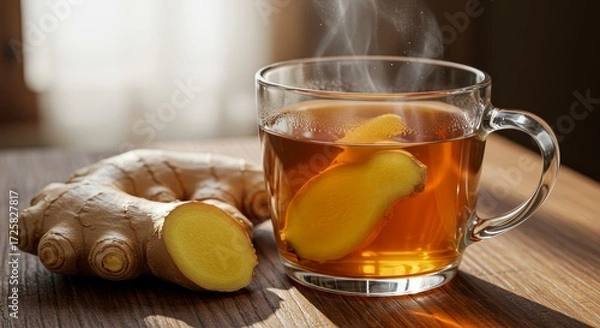 Fototapeta Warm Ginger Tea in Glass Mug - A steaming cup of ginger tea sits on a wooden table next to a piece of fresh ginger root. Perfect for fall or winter