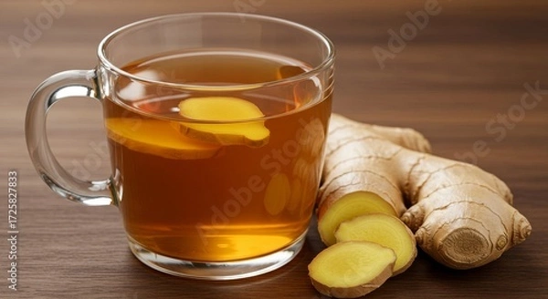 Fototapeta Warm Ginger Tea in Glass Mug - Aromatic ginger tea, sliced ginger root, warmth, health, natural remedy. A comforting beverage perfect for chilly days