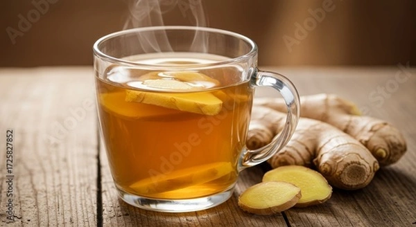 Fototapeta Warm Ginger Tea in Glass Mug - Steaming cup of ginger tea with fresh ginger root slices on a wooden table. Perfect for a cozy autumn or winter beverage