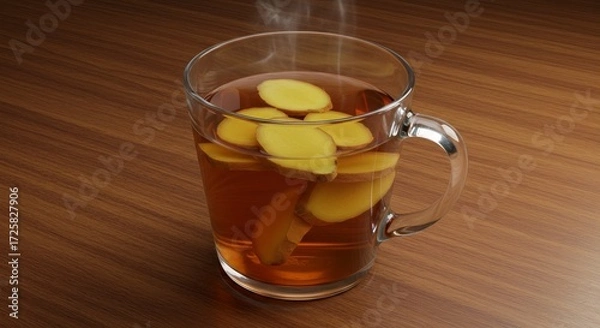 Fototapeta Warm Ginger Tea in Glass Mug - Steaming mug of ginger tea with sliced ginger pieces visible, sitting on a wooden surface. Perfect for autumn or winter