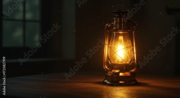 Fototapeta Warm Glow Vintage Lantern - A vintage lantern casts a warm, inviting glow in a dark room, symbolizing hope, nostalgia, adventure, guidance, and warmth
