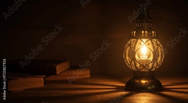 Fototapeta Warm Glow Vintage Lantern and Old Books - A vintage lantern casts a warm glow on old books, symbolizing knowledge, history, wisdom, mystery, and timelessness