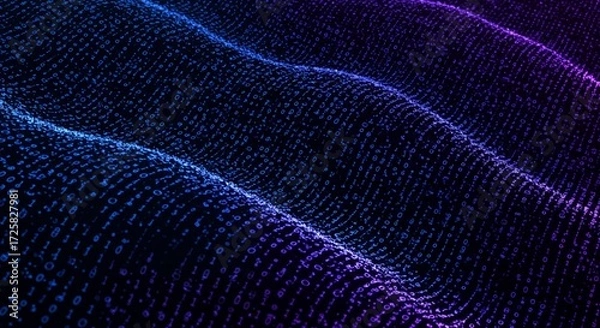 Fototapeta Wave Abstract Background - Abstract background featuring a wavy pattern of binary code in shades of blue and purple on a black background