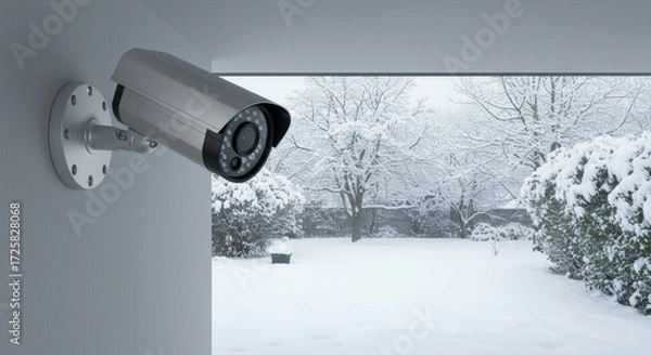 Fototapeta Winter Security Camera View - A security camera mounted indoors overlooks a snowy winter landscape, symbolizing safety, protection, surveillance, peace of mind, and vigilance