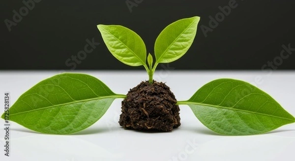 Fototapeta Young Plant Sprout Growth - A small plant seedling with vibrant green leaves emerges from a clump of dark soil, symbolizing new growth and potential