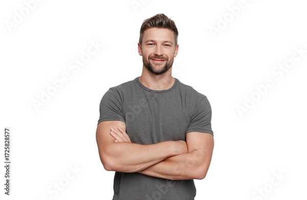 Fototapeta A handsome man with short brown hair and a beard, wearing a grey tshirt, standing with his arms crossed and smiling, isolated on transparent background