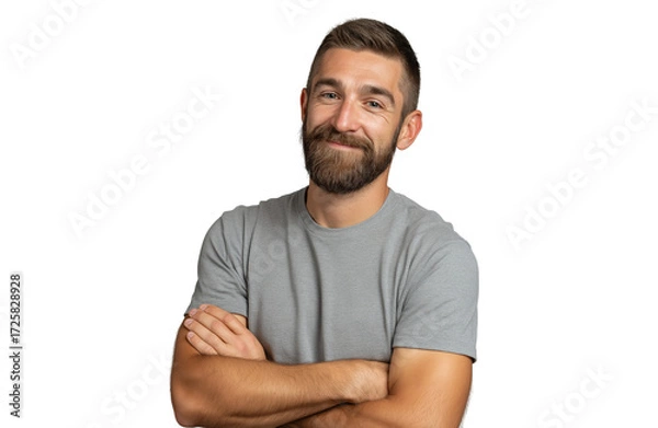 Fototapeta A smiling man with a beard and crossed arms, isolated on transparent background