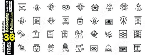 Fototapeta Beekeeping and Pollination Icons Set. Bees and Honeycomb Elements hive, honey, apiary, insect, nature, agriculture, farming, organic, sweet, food, drink, collection, set, icons, symbols, illustration.