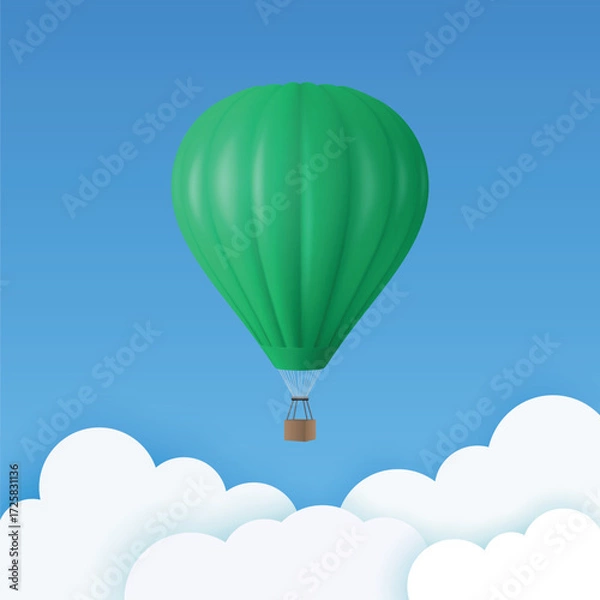Fototapeta Vector Travel Banner with 3d Realistic Green Hot Air Balloon Icon on a Blue Sky Background. Design Template, Summer Vacation, Travelling, Tourism and Journey Concept