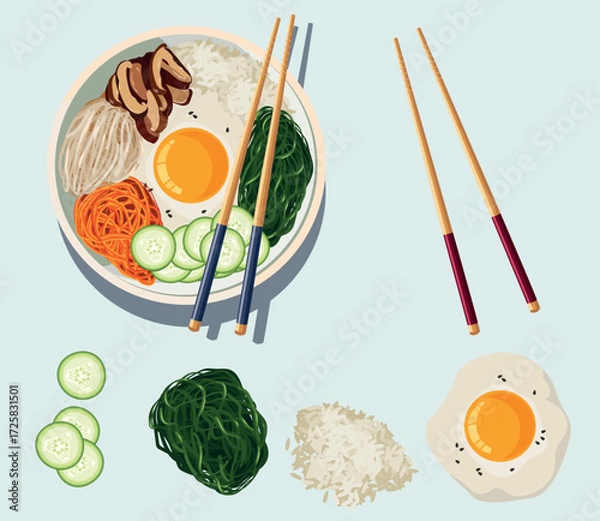 Obraz A captivating vector square poster featuring a delicious lunch or breakfast meal rendered in an authentic Asian style. This minimalist and appetizing design is perfect for restaurant menus, food blogs