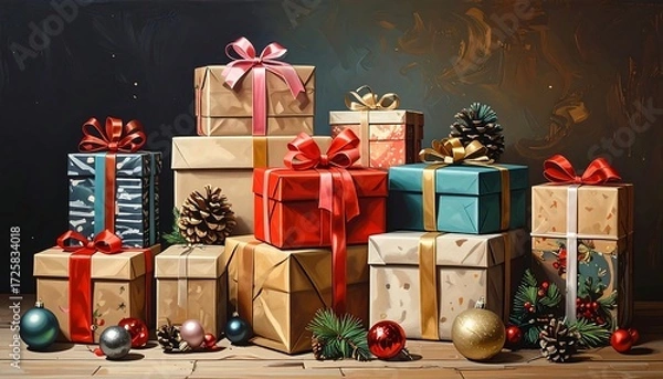 Fototapeta Gift boxes stacked, festive decorations