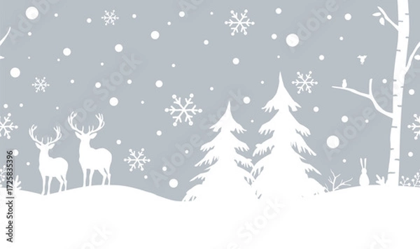 Fototapeta Winter Forest Seamless Border. Christmas Background. Winter Woods with Animals, Trees, Snowflakes, Snow. White Silhouettes. Template. Stencil. Vector Illustration on Gray Background