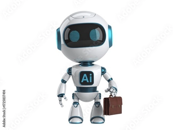 Obraz Cute 3D AI robot character mascot wearing a white and blue suit and holding a brown leather briefcase, representing Artificial Intelligence in business, finance, and investment.