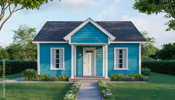 Fototapeta A charming small blue house with white trim and a gray shingle roof stands surrounded by lush greenery and hedges a neat flower lined pathway leads to the front door under a cozy porch