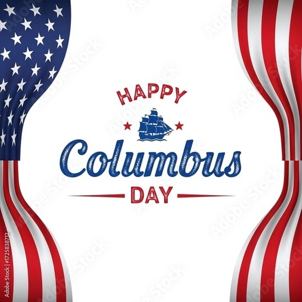 Fototapeta Happy Columbus Day Graphic with Curtains of Waving American Flag Fabric Framing the Central Text and a Nautical Ship Icon on a White Background.