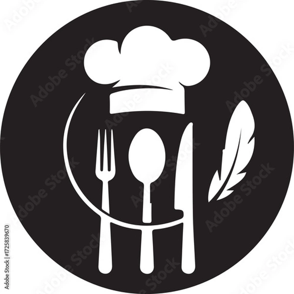 Fototapeta Chef hat spoon knife and feather emblem for culinary arts