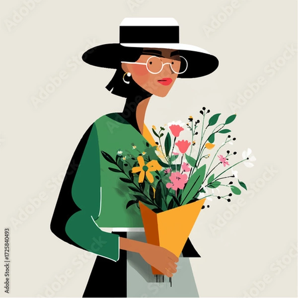 Fototapeta a vector illustration of a girl holding a bouquet of flowers.