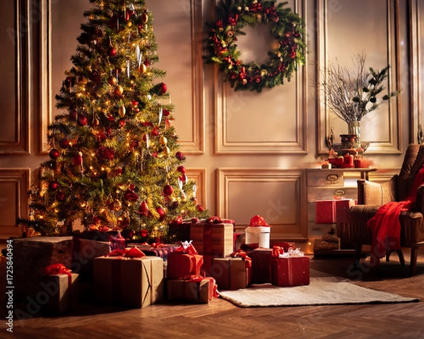 Obraz AI made christmas decorated room with presents and christmas tree and other christmas decorations