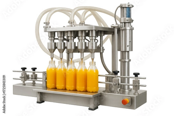 Obraz Industrial machine filling juice into plastic bottles on transparent background