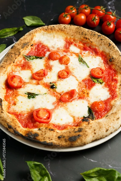 Obraz Neapolitan pizza with fresh cherry tomatoes and basil