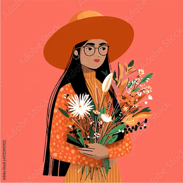 Fototapeta a vector illustration of a girl holding a bouquet of flowers.