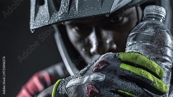 Fototapeta Athletes adjusting gloves, helmet and with water bottle