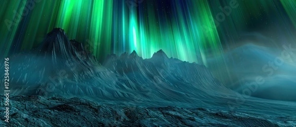 Obraz Green Aurora Borealis over mountain horizontal.