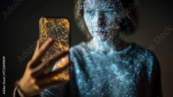 Fototapeta person with smartphone showing holograms on the screen