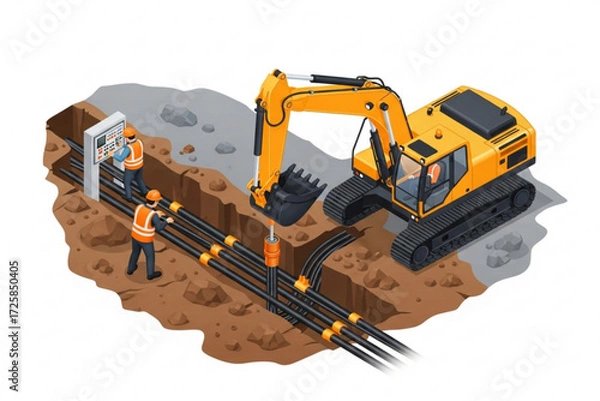 Fototapeta Isometric Construction Illustration of Excavator Installing Underground Utility Cables with Workers
