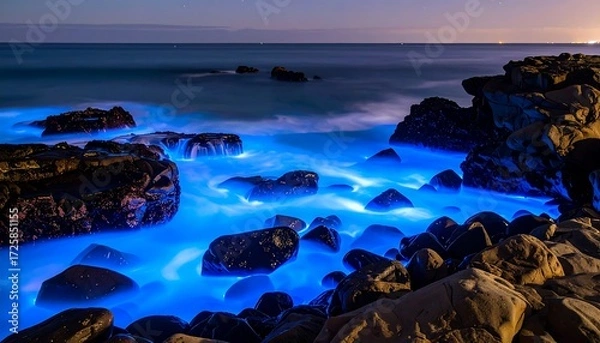 Fototapeta Illuminated coastal rocks at night