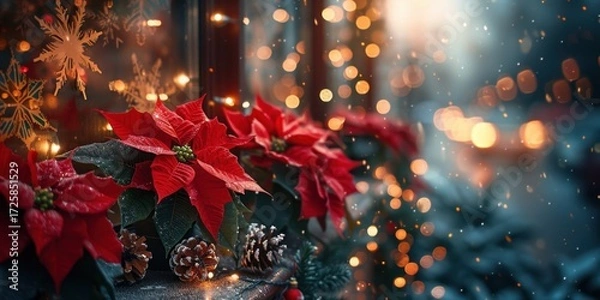 Obraz Festive holiday scene with poinsettias and glowing christmas lights