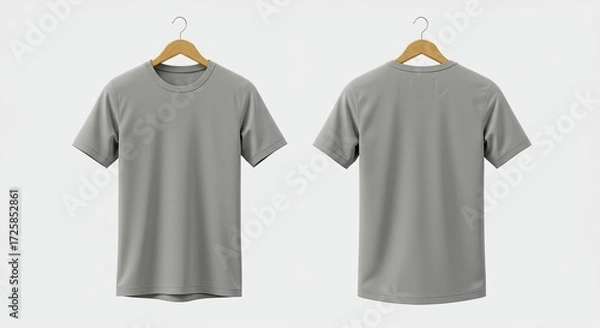 Fototapeta Gray T-Shirt Mockup Front and Back Views on Wooden Hangers - Perfect for Design Presentations