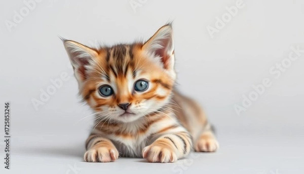 Fototapeta Adorable tabby kitten, soft fur, light grey backdrop,  fluffy,   light grey