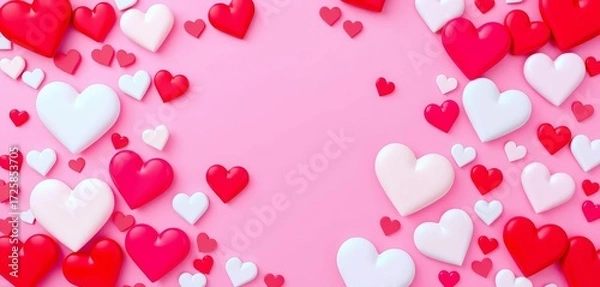 Fototapeta Pink background with scattered hearts, various sizes and shades, Valentine's Day style,   soft, valentine