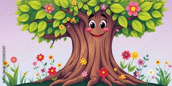Fototapeta Smiling cartoon tree with whimsical leaves, roots, and colorful flowers,  charming,  happy tree