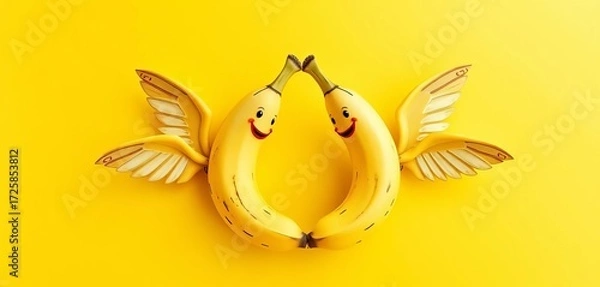 Fototapeta Two winged bananas on yellow background, playful whimsical fruit design, summer, imagery