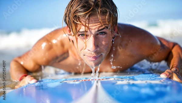 Fototapeta A surfer's portrait of passion for an active lifestyle. A man enjoys the freedom and adrenaline of a water sport in the summer ocean.