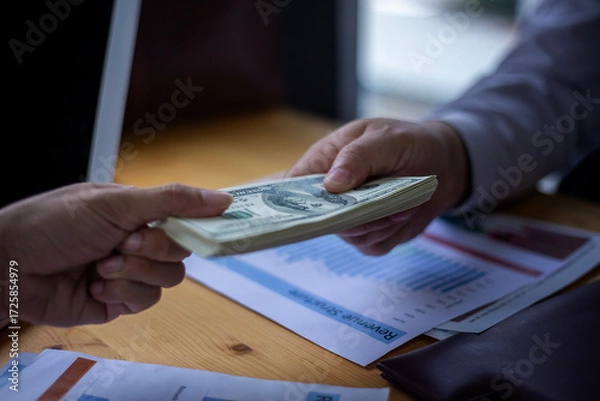 Obraz Business Hands money pocket and counting money American dollars, Office workers receive salary or bonus from executive or boss. loan and finance concep