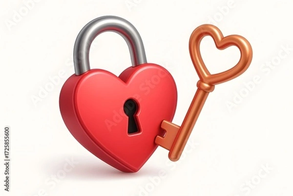 Fototapeta 3D Illustration of a Red Heart-Shaped Padlock with a Golden Heart Key on a Light Background, Representing Love, Romance, and Emotional Security