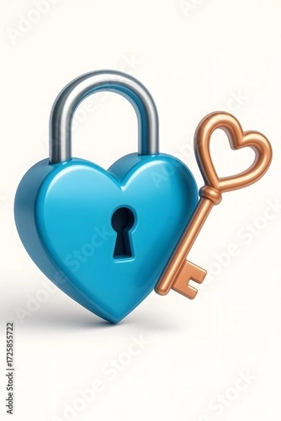 Fototapeta 3D Illustration of a Blue Heart-Shaped Padlock with a Golden Heart Key on a Light Background, Representing Emotional Security, Love, and Unique Connections